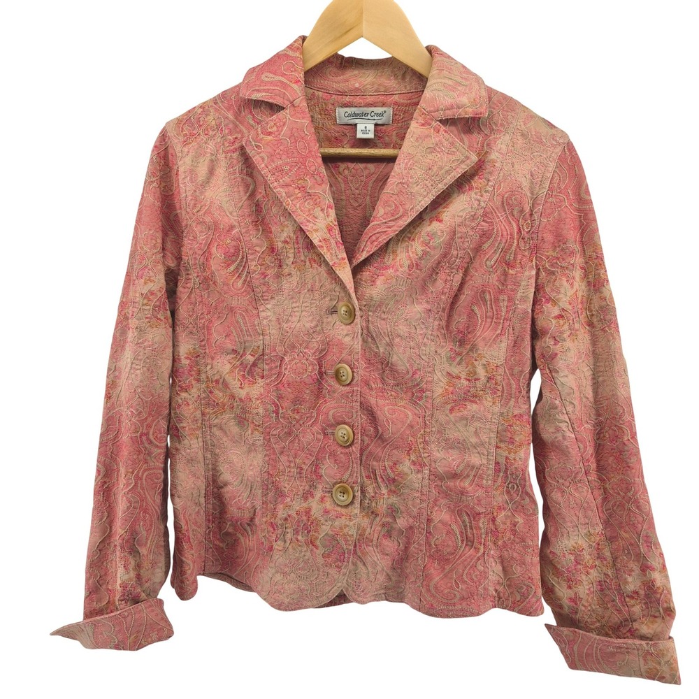 Coldwater Creek Womens‎ Pink Paisley Jacquard Blazer Jacket Size 8 Boho Western